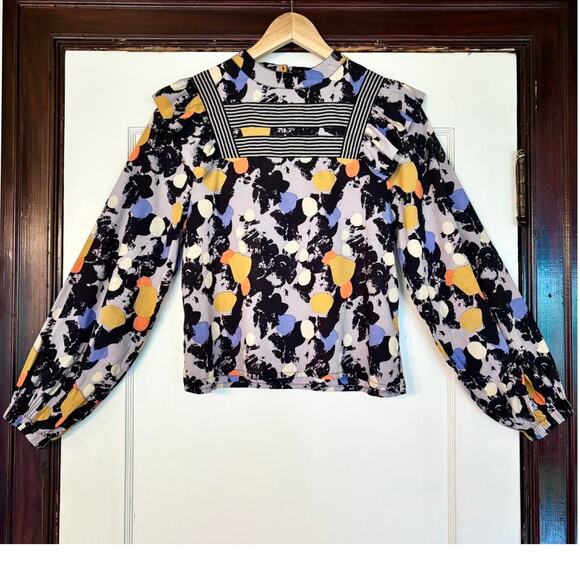 Bel Kazan Purple & Black Organic Cotton Ruffle Blouse Size Small - Picture 1 of 5